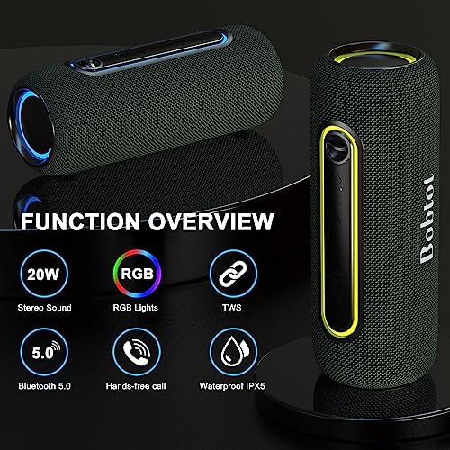 Bobtot Portable Bluetooth Speaker Wireless Speaker, TWS Stereo Sound Bluetooth 5.0 Waterproof IPX5 Built-in Mic with RGB Lights for Home Indoors and Outdoors Party…