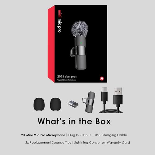 Mini Mic Pro 2024 Professional Wireless Lavalier Microphone for iPhone 15 Pro Max, iPad, Android - 2 Pack Noise Canceling Crystal Clear Recording with USB-C, Live Streaming, YouTube, TikTok