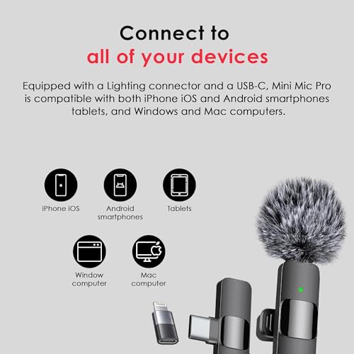 Mini Mic Pro 2024 Professional Wireless Lavalier Microphone for iPhone 15 Pro Max, iPad, Android - 2 Pack Noise Canceling Crystal Clear Recording with USB-C, Live Streaming, YouTube, TikTok