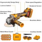INGCO 20V Cordless Angle Grinder with Batteries and Discs