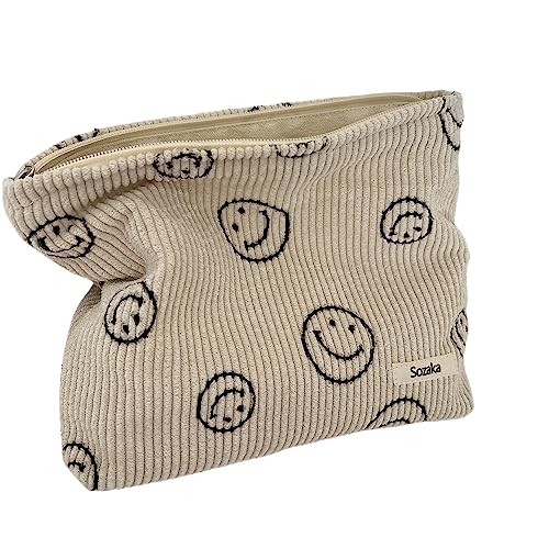 Corduroy Cosmetic Bag with Smile Dots - Beige