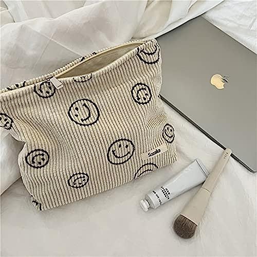 Corduroy Cosmetic Bag with Smile Dots - Beige