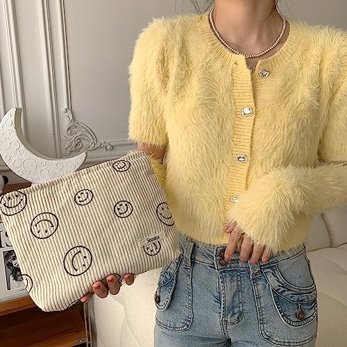 Corduroy Cosmetic Bag with Smile Dots - Beige