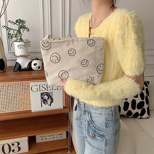 Corduroy Cosmetic Bag with Smile Dots - Beige