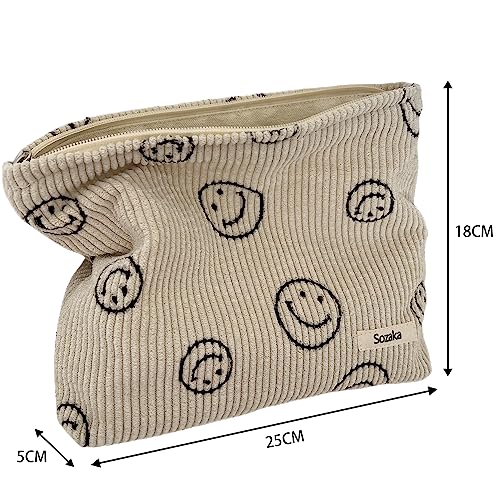Corduroy Cosmetic Bag with Smile Dots - Beige