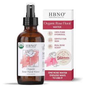 HBNO California Bottled Organic Rose Water for Face 4 fl oz (120ml) - USDA Certified Organic Rose Water Spray for Cleansing- Pure Rosewater for Hair - Rosewater Face Mist