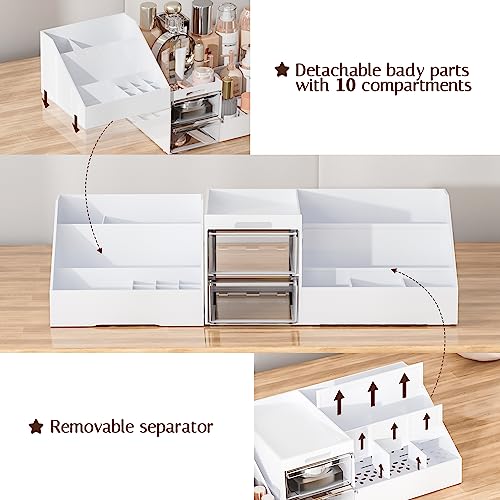 Large Capacity Makeup Organizer for Vanity in White/Clear