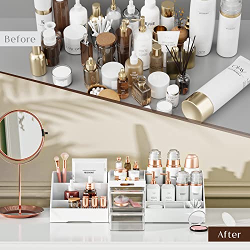 Large Capacity Makeup Organizer for Vanity in White/Clear