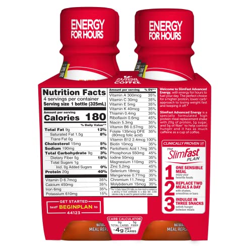 High Protein SlimFast Energy Shake, Caramel Latte, 4 Count