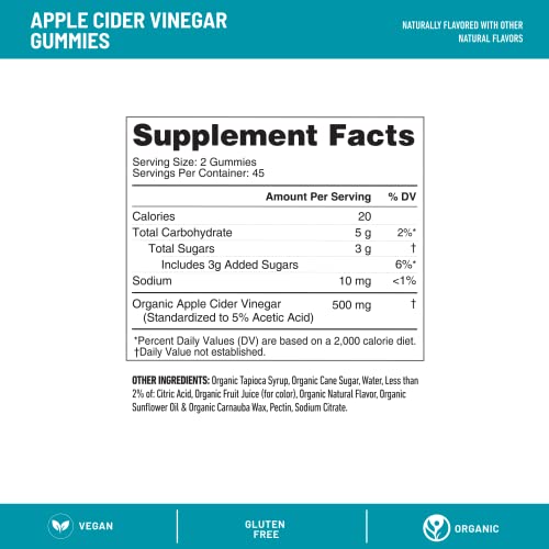 Apple Cider Vinegar Gummies, 500mg per Serving, Apple Flavor