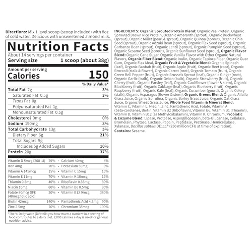 Organic Meal Replacement Powder, Superfoods, Probiotics - 1.14 lbs