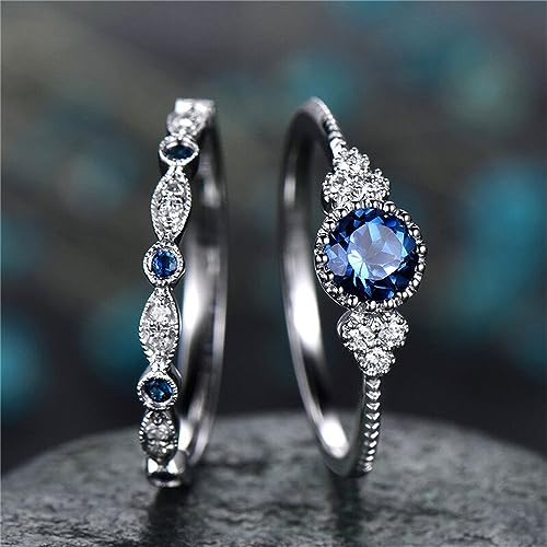 Natural Sapphire & CZ Sterling Silver Wedding Ring Set