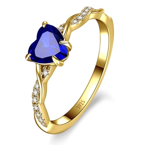 Blue Sapphire Heart Ring 14K Gold Plated Silver