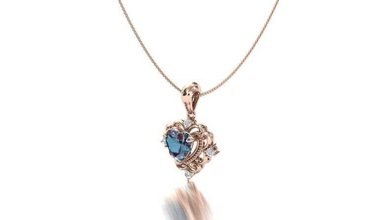 Heart-shaped Alexandrite Diamond Pendant in 14k Rose Gold