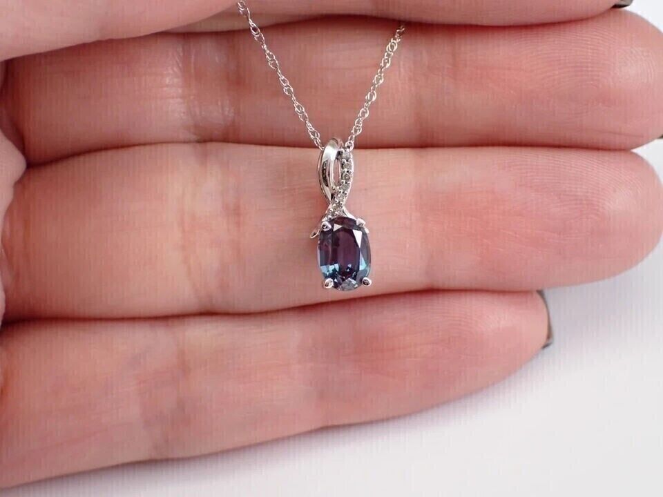 Lab Created Alexandrite Diamond Wedding Pendant 14K White Gold