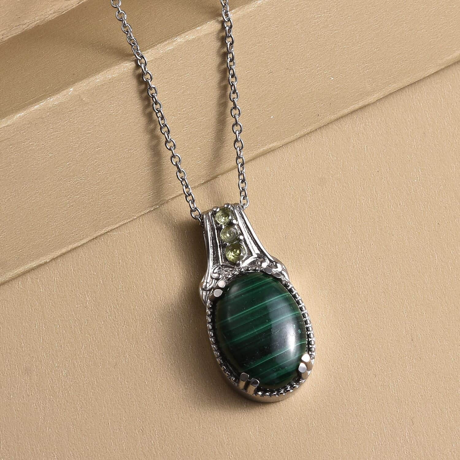 Stainless Steel Malachite Peridot Birthstone Pendant Necklace 20"" Women