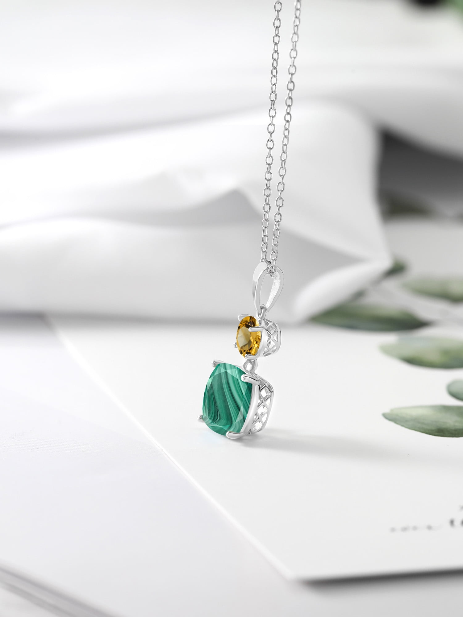 Green Malachite and Yellow Citrine Pendant Necklace Women