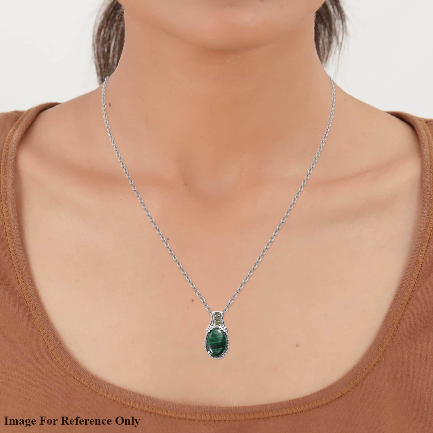 Stainless Steel Malachite Peridot Birthstone Pendant Necklace 20"" Women
