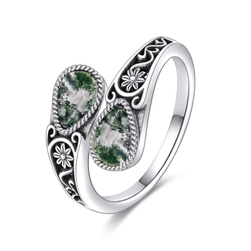 POPLYKE Sterling Silver Moss Agate Filigree Spoon Ring