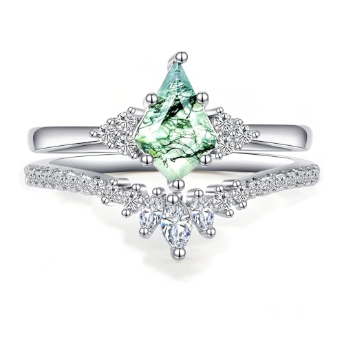 925 Sterling Silver Moss Agate Engagement Promise Ring