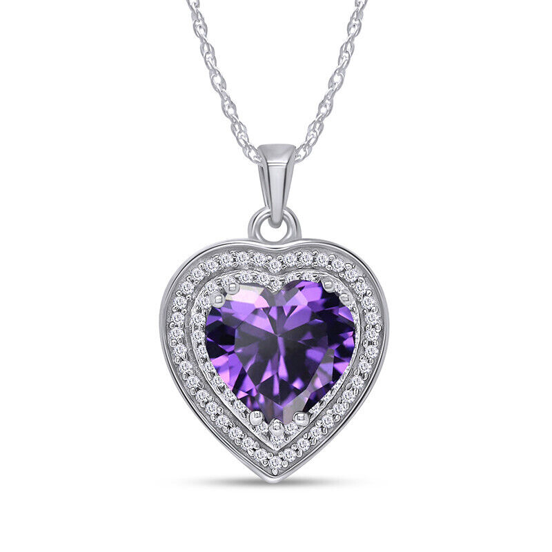 Amethyst & White Sapphire Heart Pendant Necklace Silver