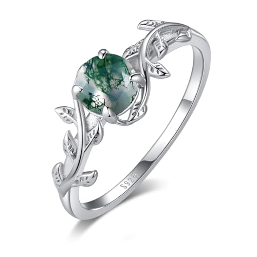 Natural Moss Agate Leaf Engagement Promise Ring for Women