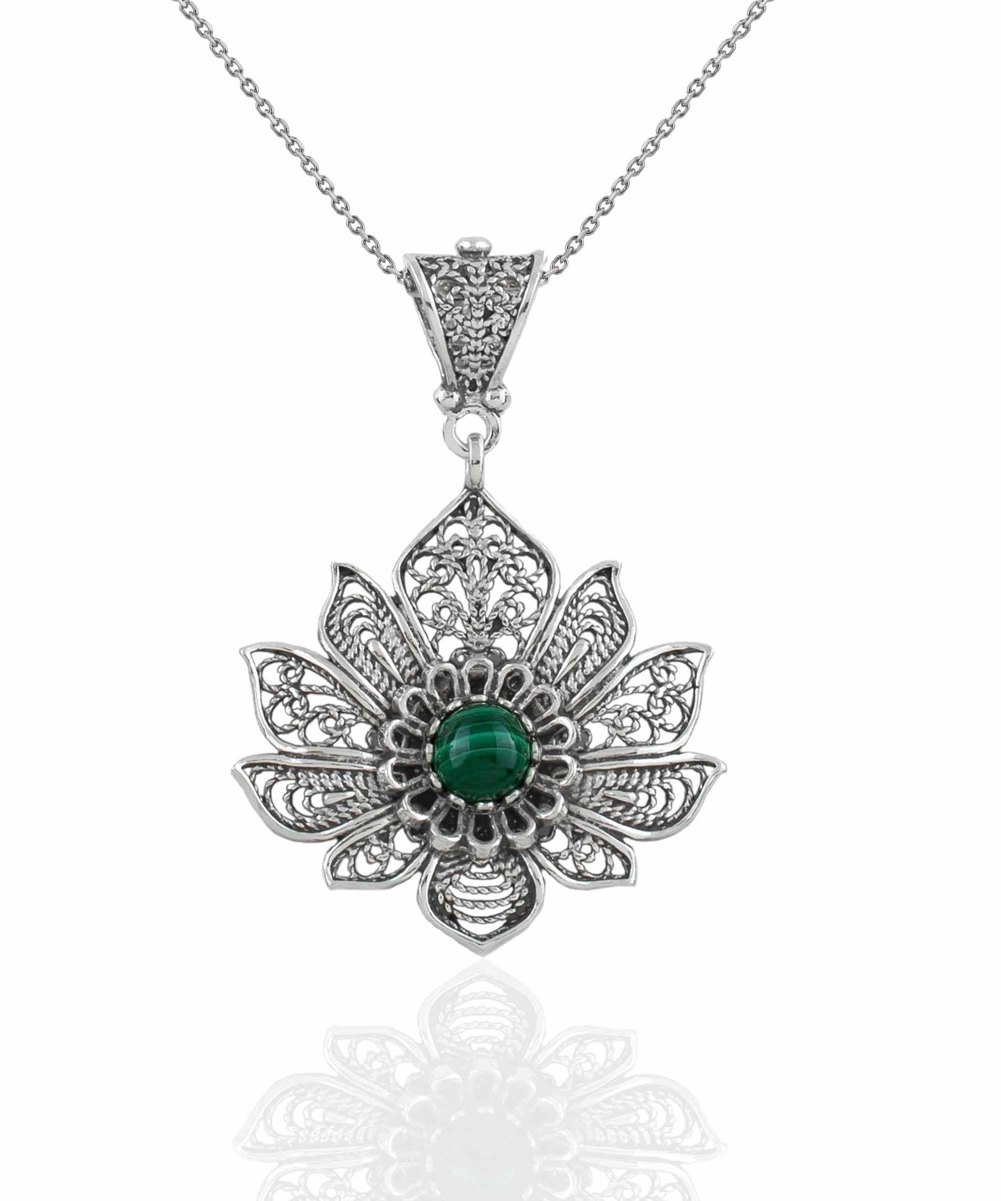 Malachite Lotus Flower Sterling Silver Filigree Pendant