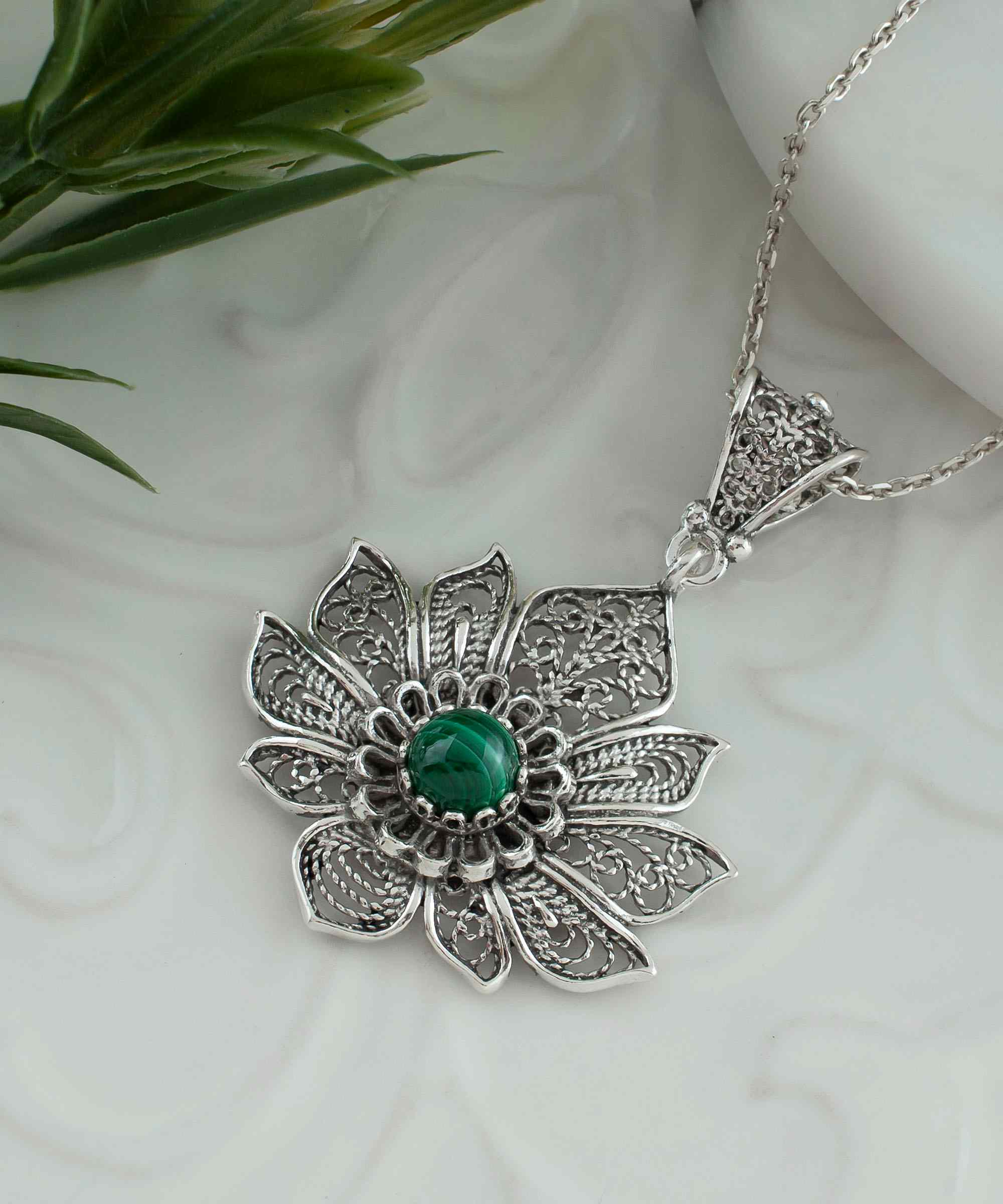 Malachite Lotus Flower Pendant Necklace in Sterling Silver