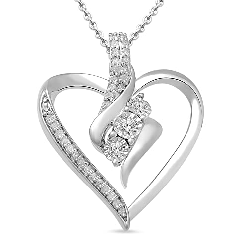 Silver Diamond 3 Stone Heart Pendant Necklace, 18" Gemstone