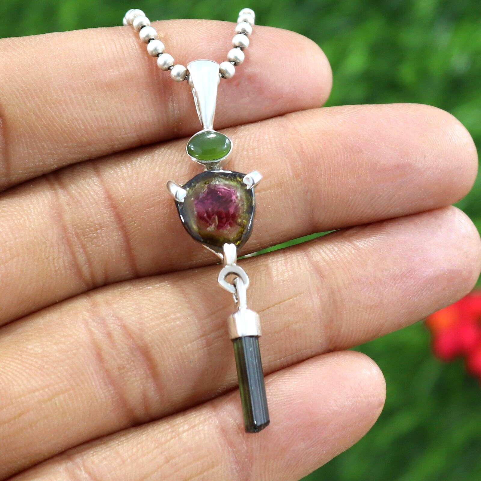 Handmade Watermelon Tourmaline Pendant Necklace in Sterling Silver