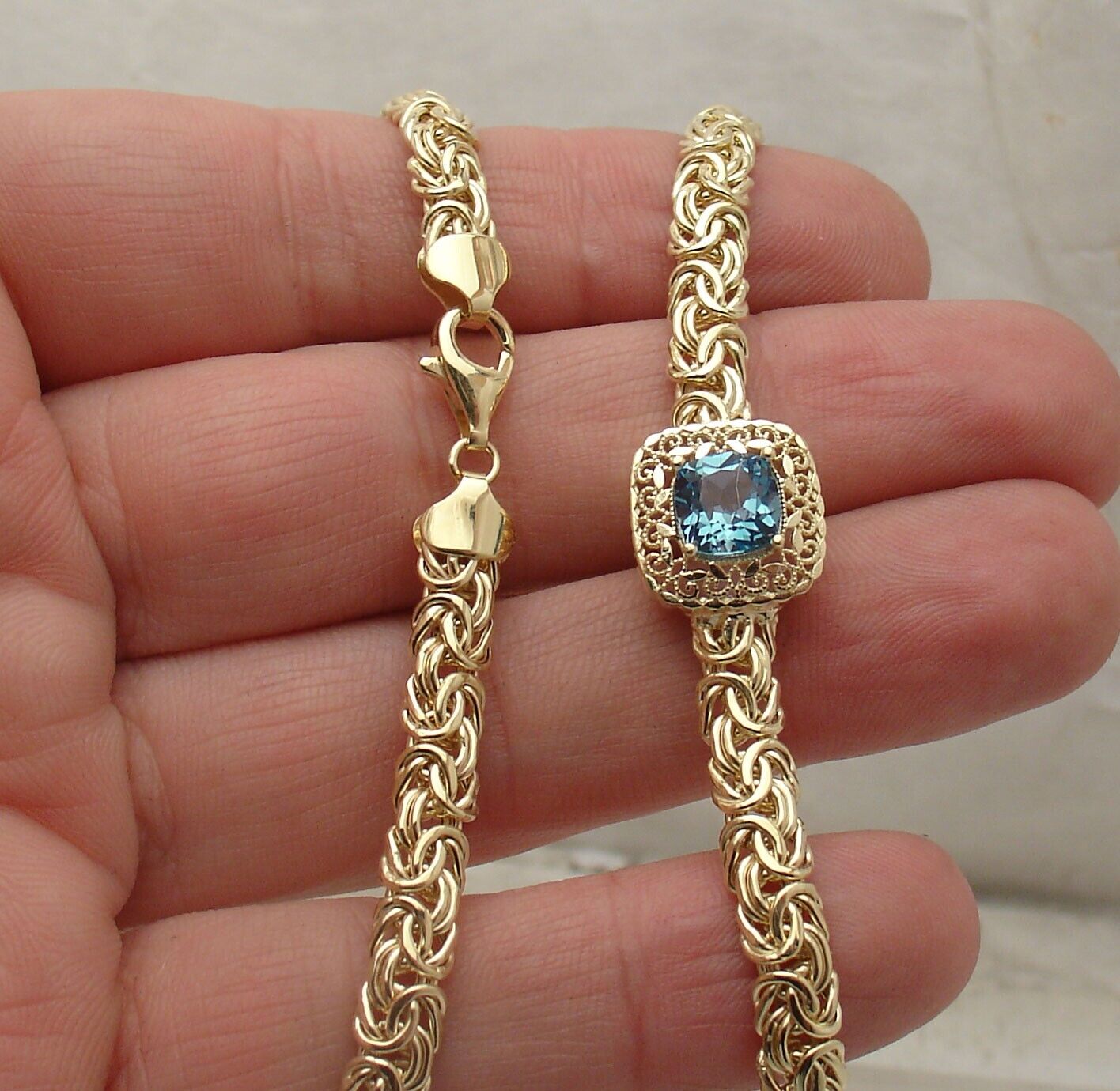 Blue Topaz Byzantine Chain Necklace 14K Gold Plated