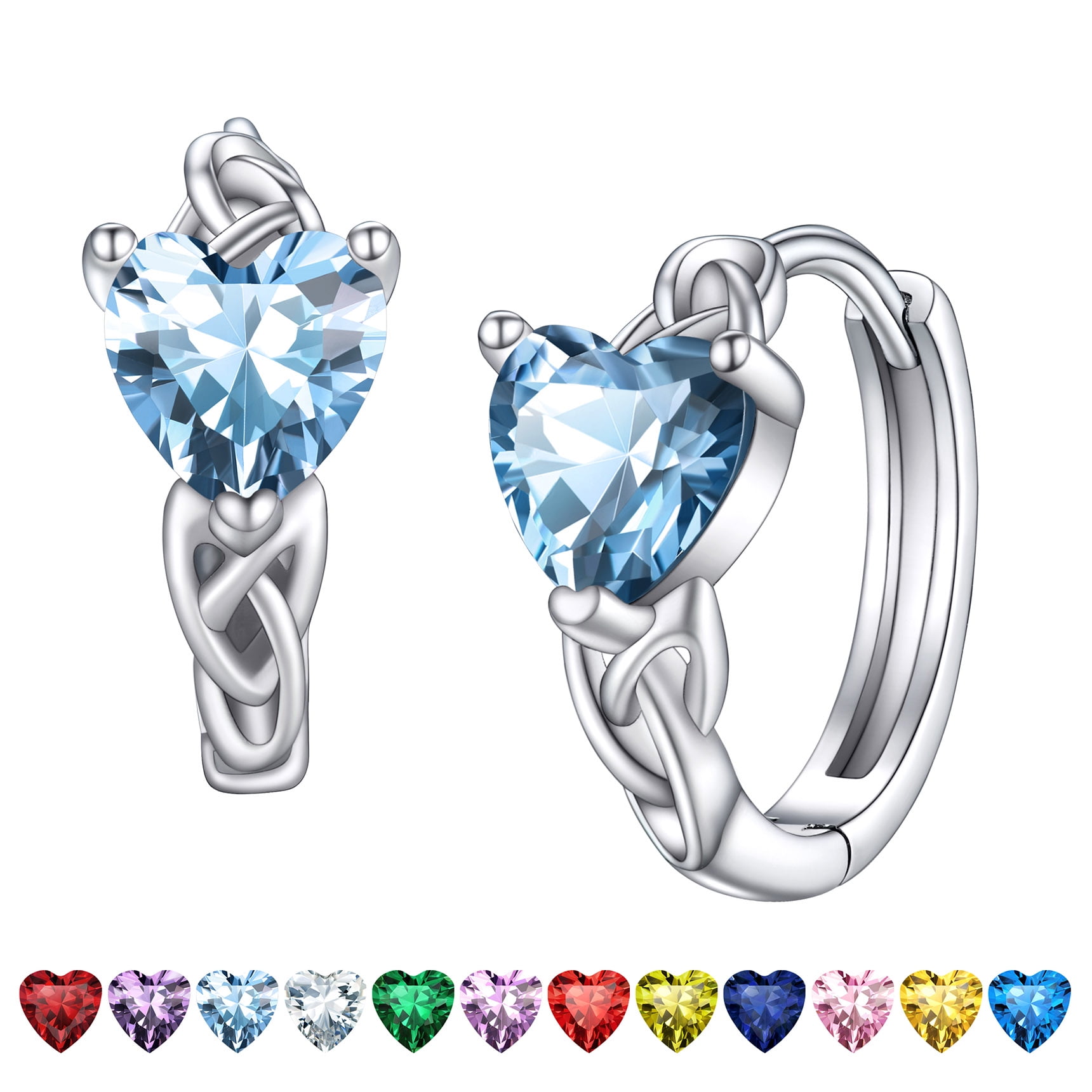 Celtic Knot Silver Hoop Earrings with Aquamarine Heart