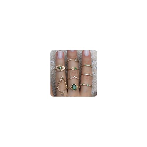 Bohemian Stackable Emerald Crystal Gold Midi Ring Set