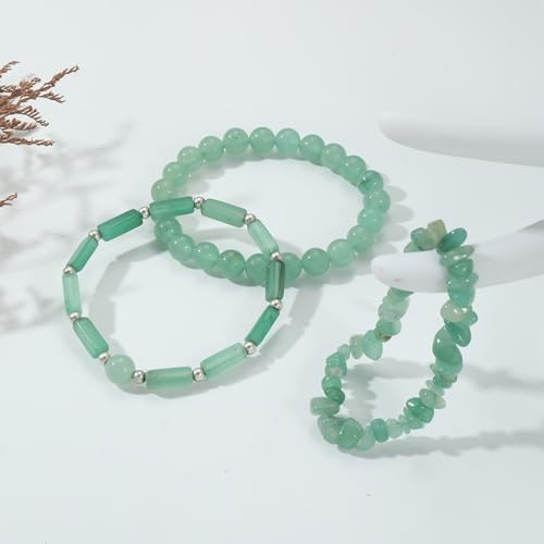 Set of 3 Green Jade Beaded Stretch Bracelets