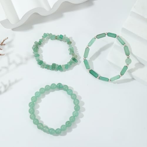 Set of 3 Green Jade Beaded Stretch Bracelets