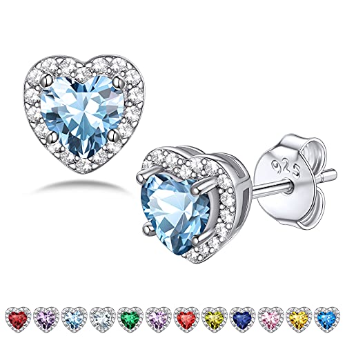 March Aquamarine Birthstone Heart Earrings, Hypoallergenic Sterling Silver