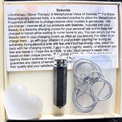 Faceted Hematite Crystal Pencil Point Pendant with Selenite