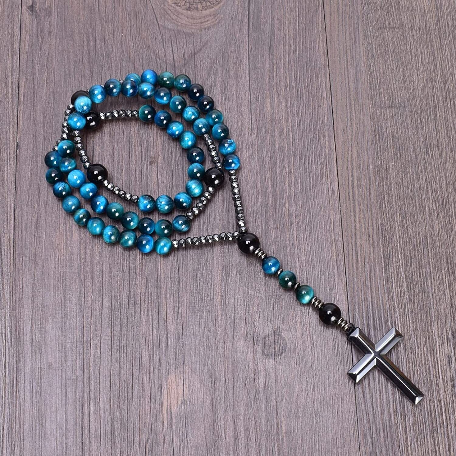 Blue Tiger's Eye Obsidian Necklace with Hematite Cross