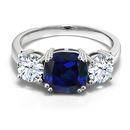 Blue Sapphire & White Zirconia Silver 3-Stone Ring