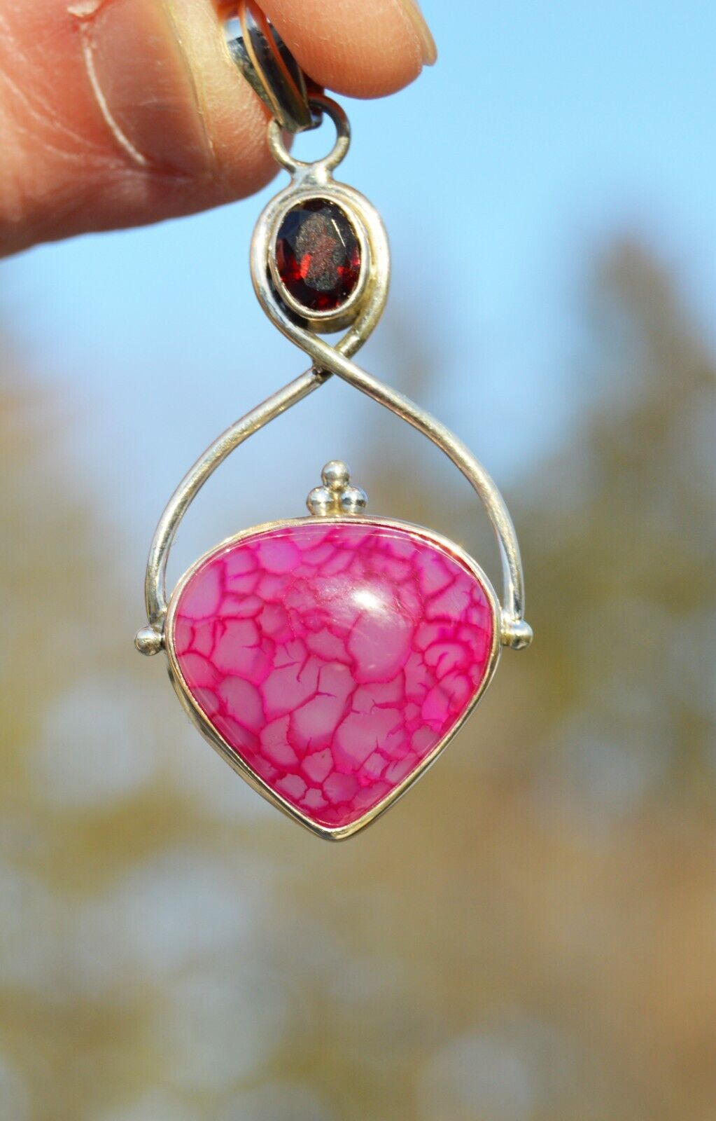 Garnet and Pink Dragon Vein Agate Pendant Necklace