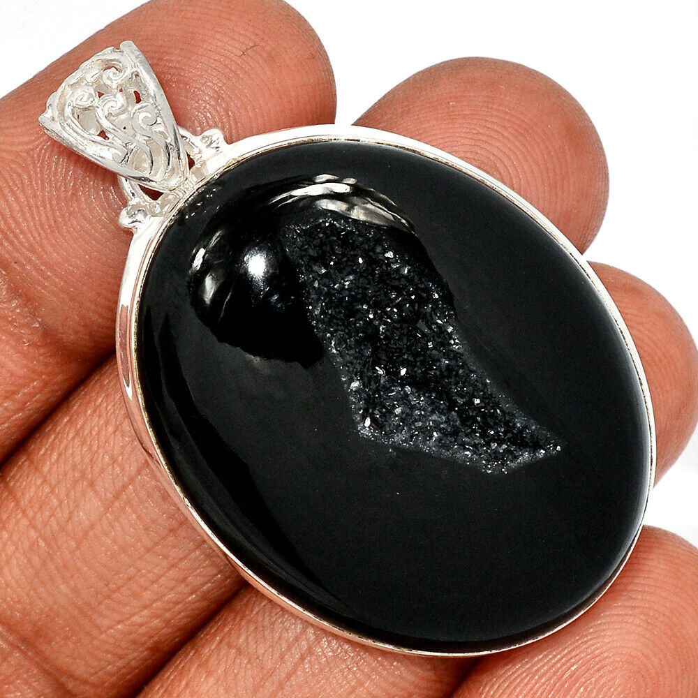 Black Onyx Druzy Sterling Silver Pendant Necklace Gemstone