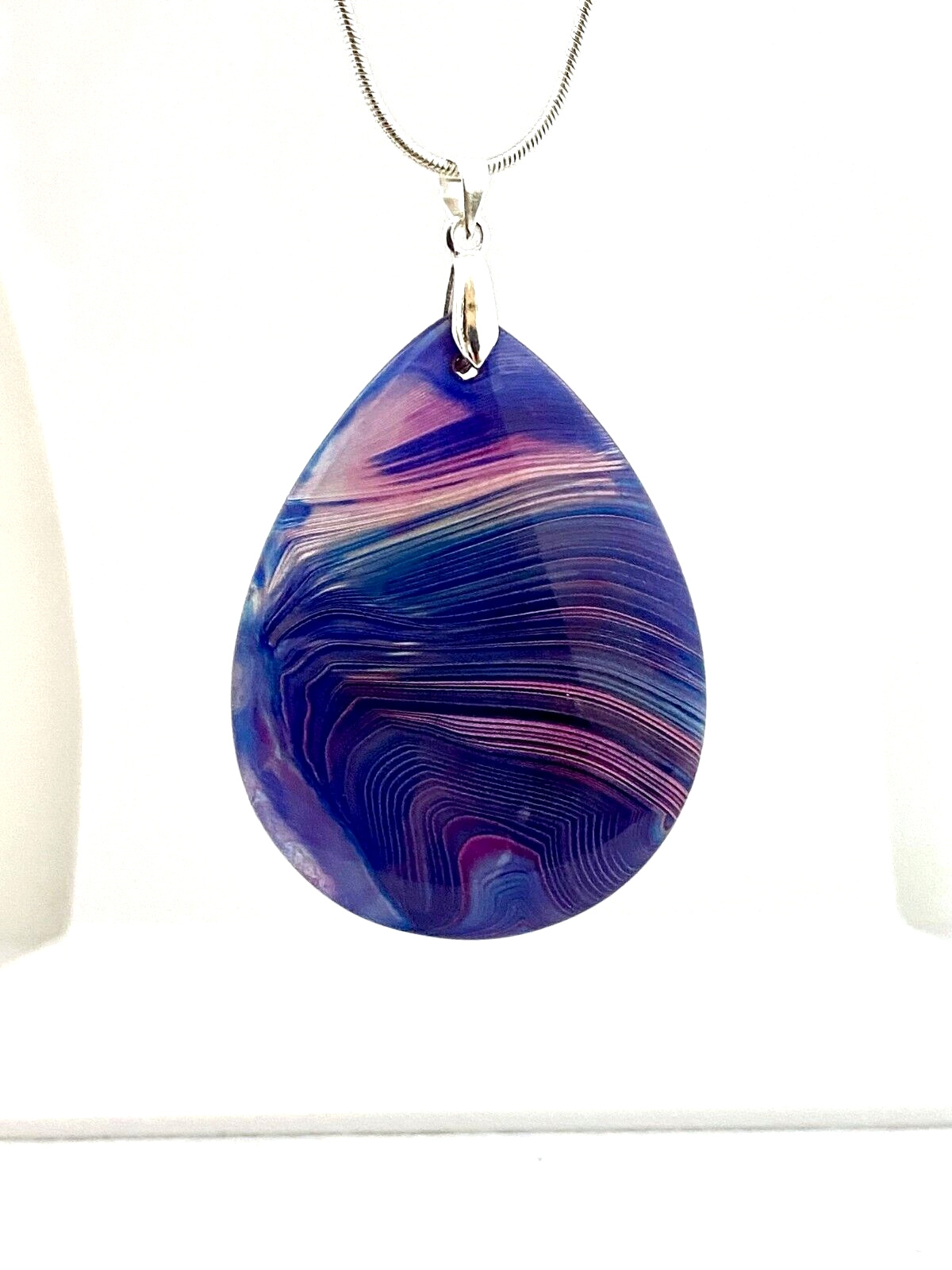 Purple Blue Stripes Onyx Agate Pendant Necklace Silver