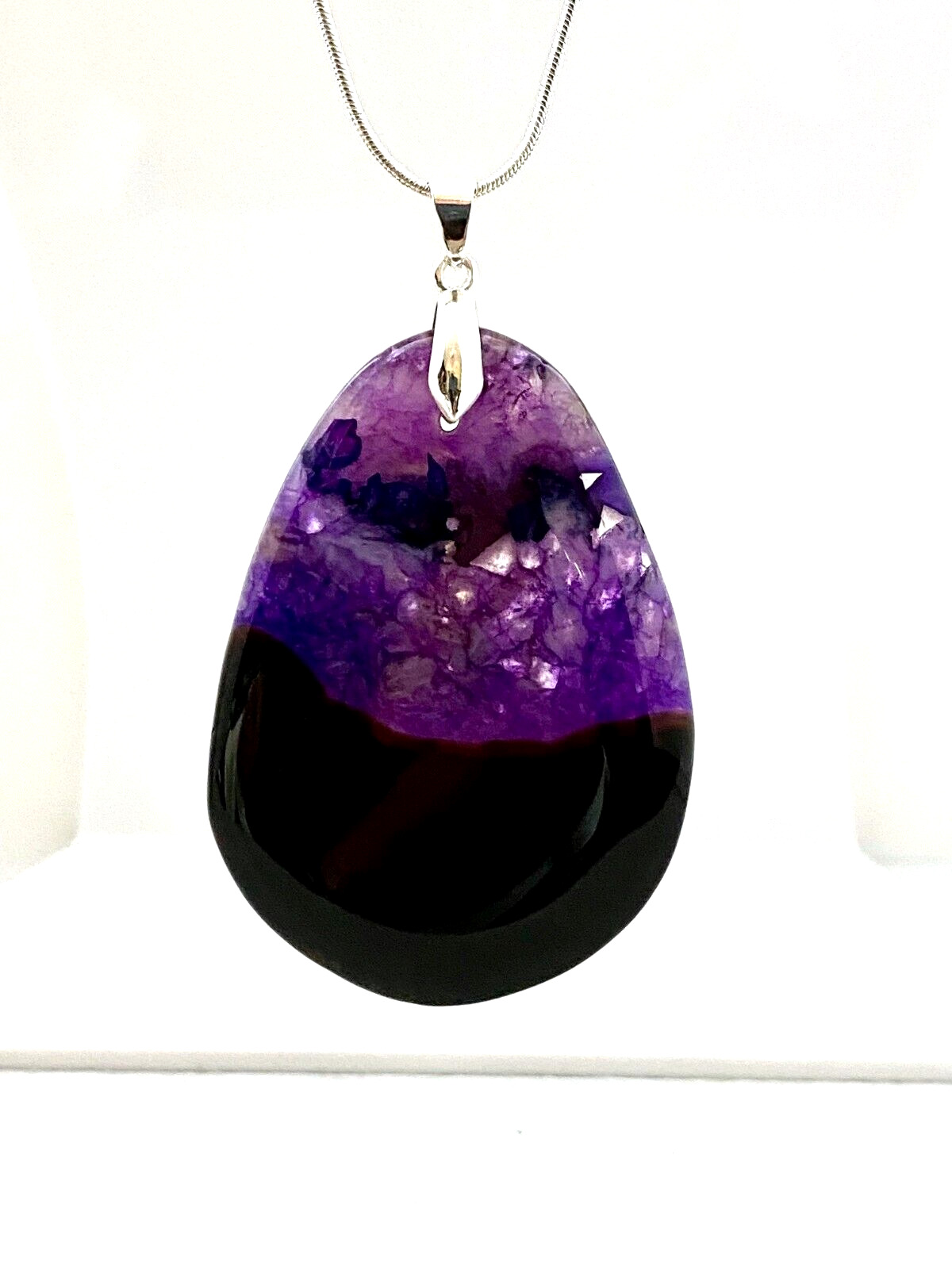 Sterling Silver Purple/Black Onyx Druzy Agate Pendant Necklace