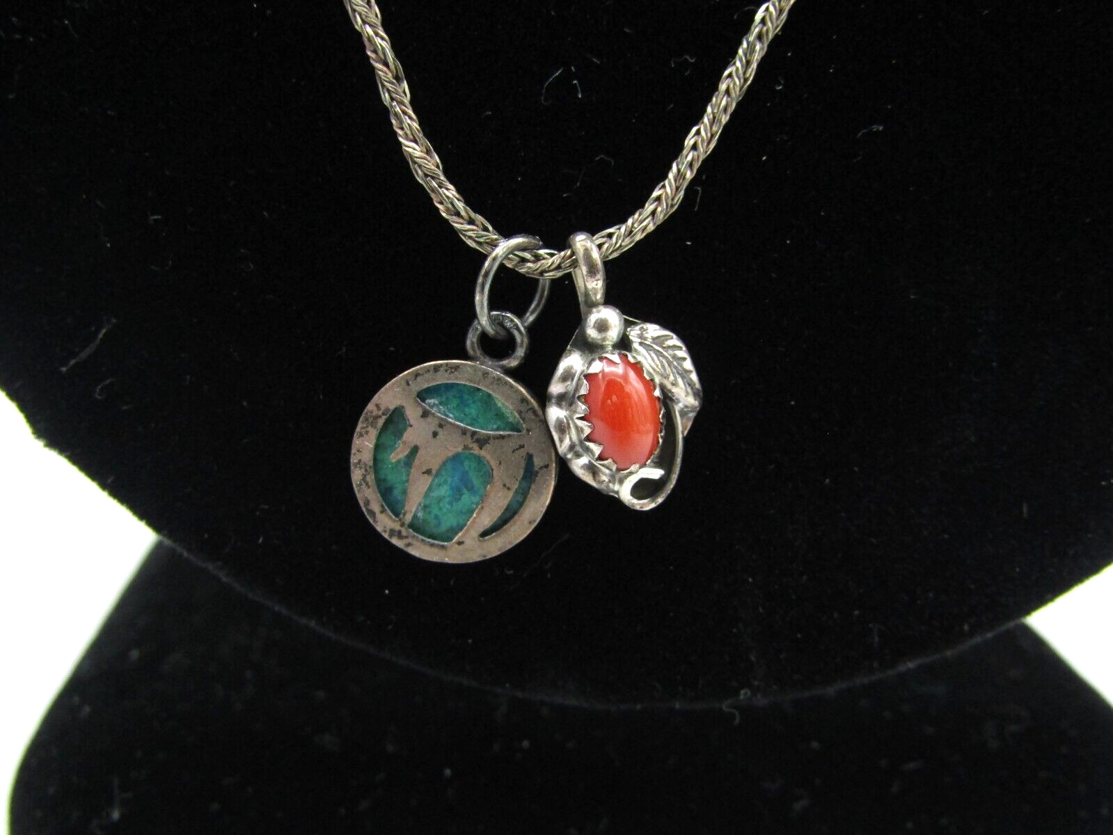 Malachite and Red Coral Pendant Necklace Sterling Silver