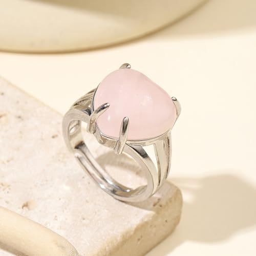 Handmade Rose Quartz Heart Adjustable Gemstone Rings Women