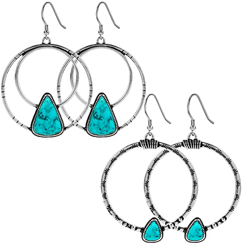 Turquoise Dangling Hoop Earrings Set Silver Cowgirl Vintage