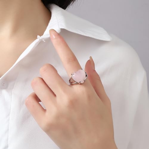 Handmade Rose Quartz Heart Adjustable Gemstone Rings Women