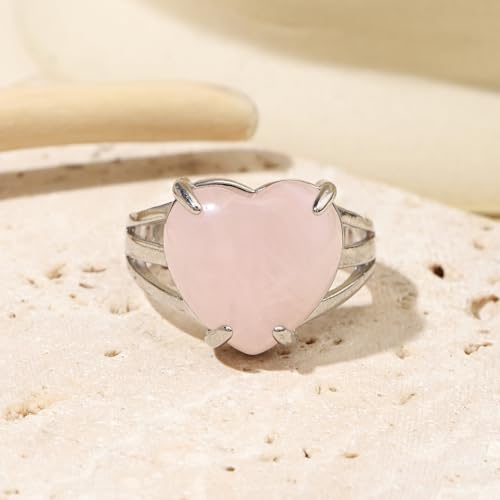 Handmade Rose Quartz Heart Adjustable Gemstone Rings Women