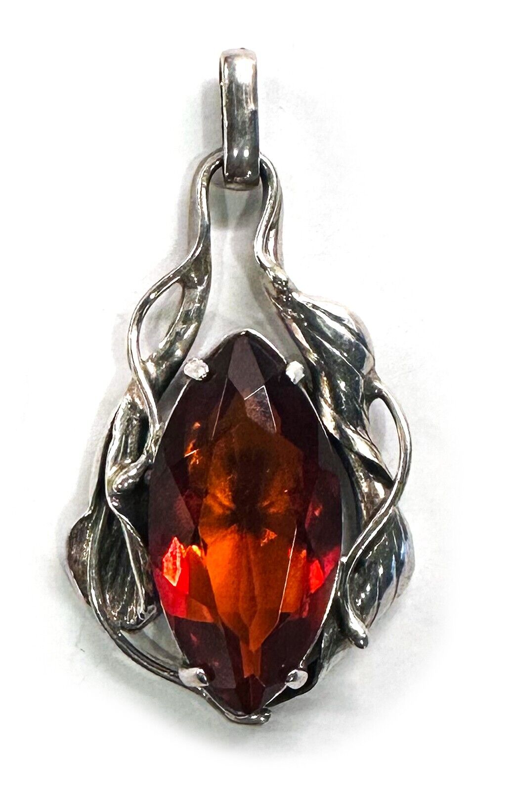 Cognac Baltic Amber Floral Silver Pendant