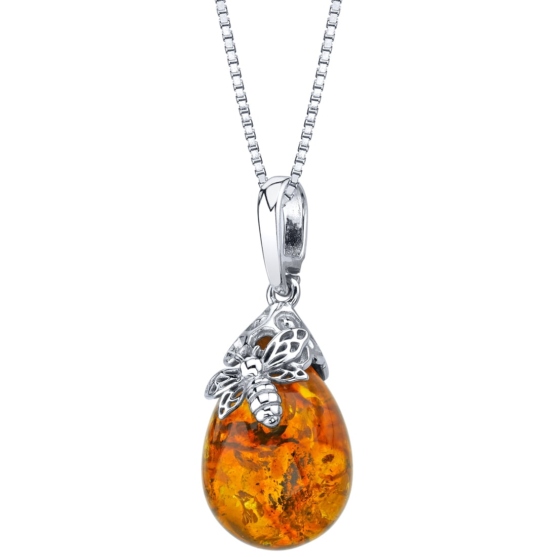 Sterling Silver Baltic Amber Bee Pendant Necklace, 18